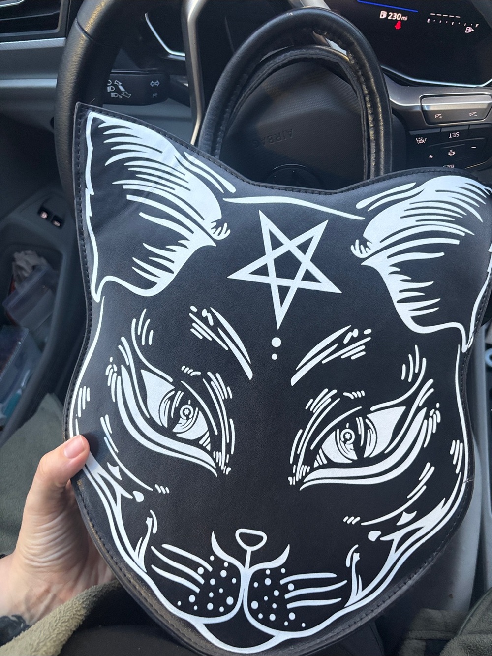 Killstar Black & White Cat Face Tote with Pentagram Graphic